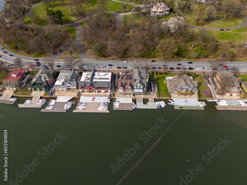 Aerial shots of Philadelphia Schulkill River and Boathouse Row