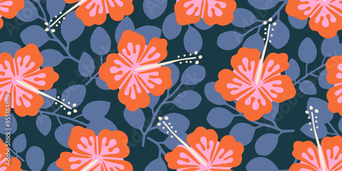 Hand drawn tropical flowers, seamless patterns with floral for fabric, textiles, clothing, wallpaper, cover, banner, interior decor, abstract backgrounds. vector illustration.