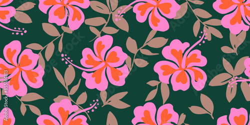 Hand drawn tropical flowers, seamless patterns with floral for fabric, textiles, clothing, wallpaper, cover, banner, interior decor, abstract backgrounds. vector illustration.