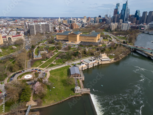 Aerial shots of Philadelphia Schulkill River and Boathouse Row