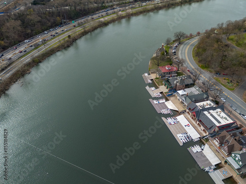 Aerial shots of Philadelphia Schulkill River and Boathouse Row