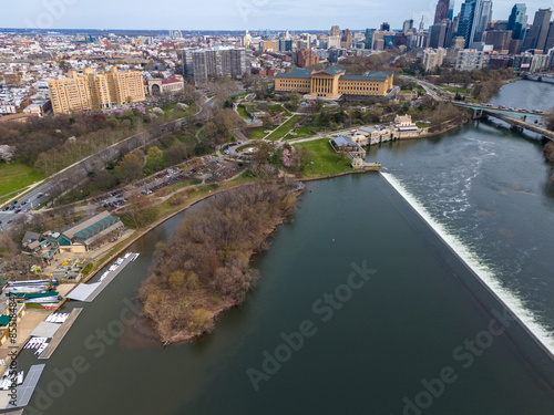 Aerial shots of Philadelphia Schulkill River and Boathouse Row