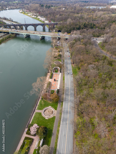 Aerial shots of Philadelphia Schulkill River and Boathouse Row
