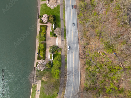 Aerial shots of Philadelphia Schulkill River and Boathouse Row