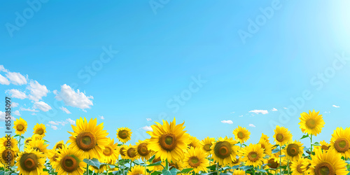Bright and cheerful sunflower field with a clear blue sky, providing a sunny and uplifting backdrop, ideal for a summer sale or outdoor event banner