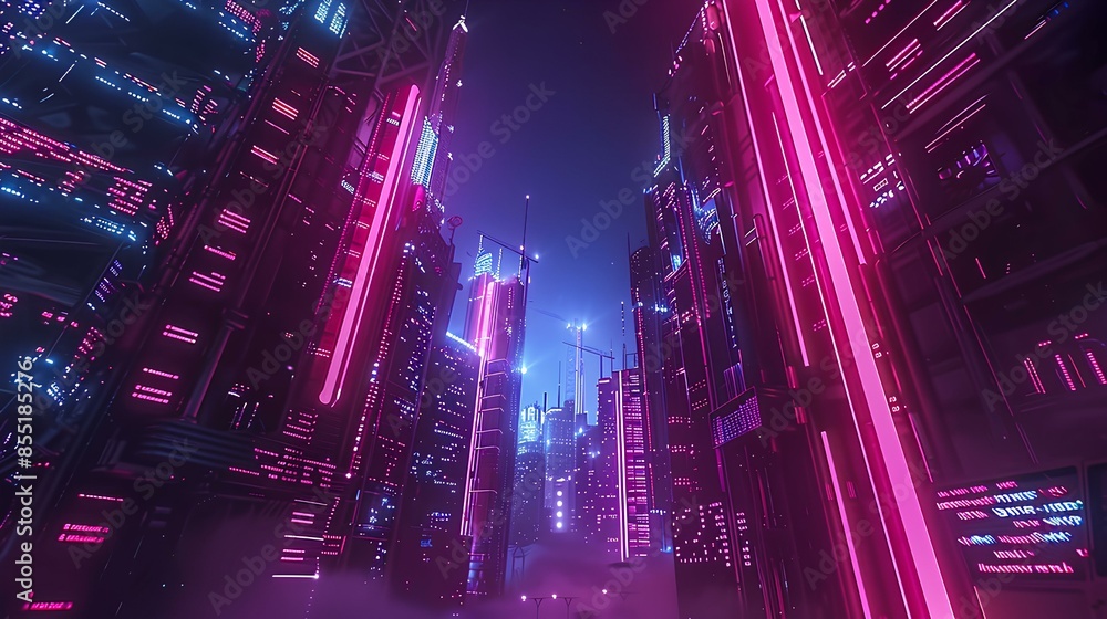 Fototapeta premium background for a sci-fi themed video game, featuring towering cyberpunk skyscrapers with neon lights and futuristic vehicles