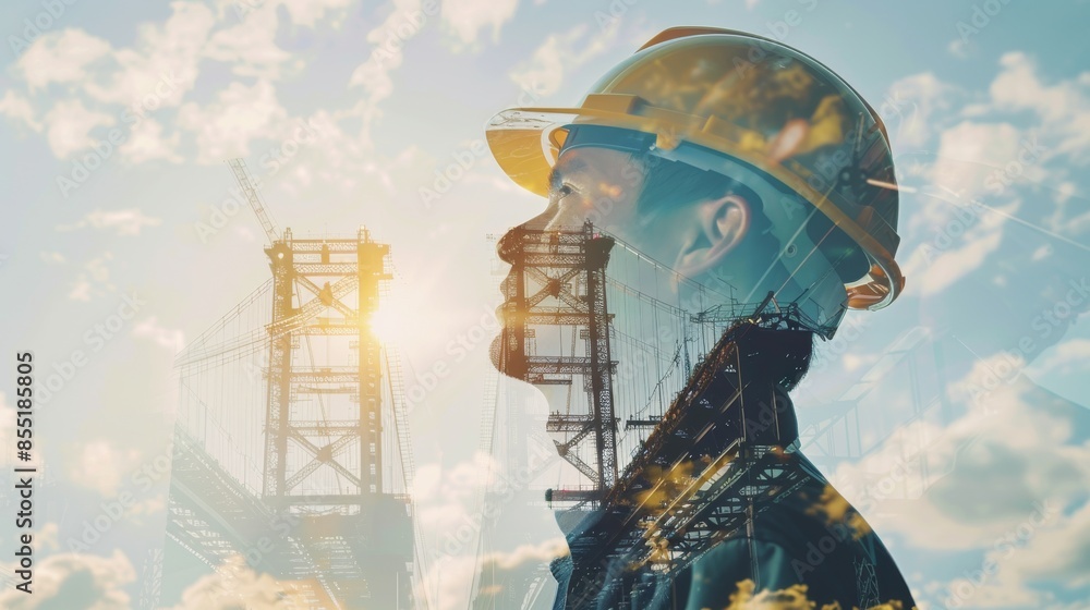 Thoughtful engineer wearing hardhat at wind turbine construction site looking forward to bright future of renewable energy. Thoughtful engineer wearing hardhat at wind turbine construction site looking forward to bright future of renewable energy.
