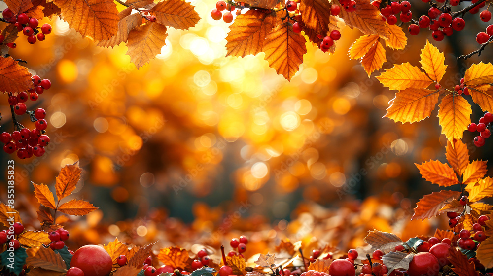 Autumn frame with colorful fallen leaves and holly berries along edges, encasing festive, blurred, translucent background with bokeh of yellow autumn forest. Copy space for text. Autumn frame with colorful fallen leaves and holly berries along edges, encasing festive, blurred, translucent background with bokeh of yellow autumn forest. Copy space for text.