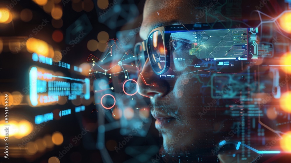 Obraz premium A close-up of a person wearing augmented reality glasses.