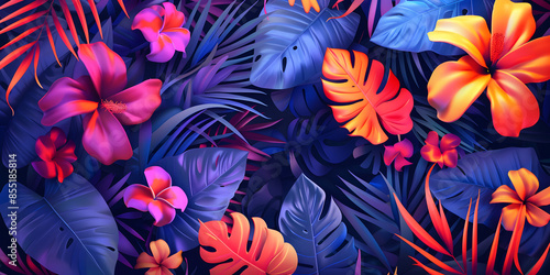 Colorful tropical leaves and flowers, offering a vibrant and lively atmosphere, ideal for a summer party or beach event flyer background 