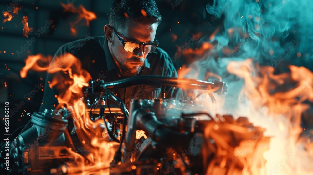 A man in protective gear welding a metal sculpture with sparks and flames flying. A man in protective gear welding a metal sculpture with sparks and flames flying.