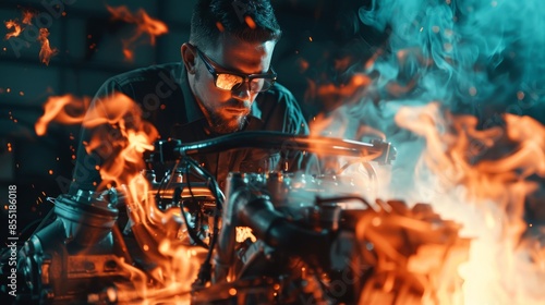 A man in protective gear welding a metal sculpture with sparks and flames flying. photo