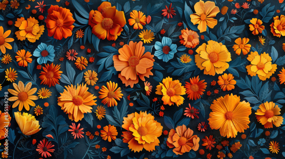 abstract pattern of marigold flowers in various shades of orange and yellow on a dark background, capturing the essence of the traditional Day of the Dead flower abstract pattern of marigold flowers in various shades of orange and yellow on a dark background, capturing the essence of the traditional Day of the Dead flower