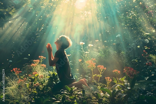 Child kneeling in a beautiful garden with a beam of light over their head, symbolizing divine presence. Perfect for themes of faith, spirituality, and innocence. photo