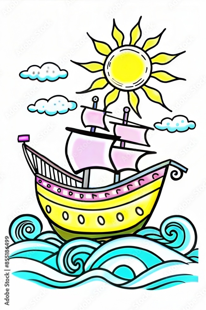 Fototapeta premium Colorful cartoon ship sailing on the waves