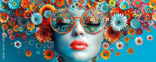 illustration of a flower power woman with sunglasses surrounded by flowers in the style of the 60s