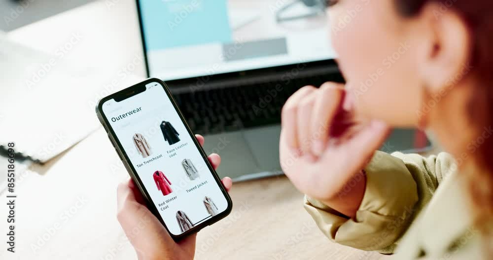 Phone screen, hands and online shopping for clothes choice and fashion decision in e commerce. Customer or person thinking on mobile app technology for winter closet, wardrobe and product at home