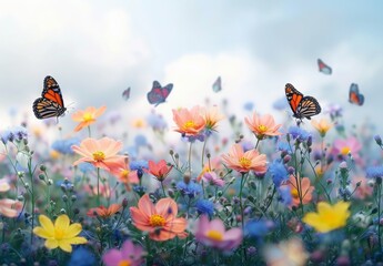 A peaceful meadow filled with colorful blooming flowers and butterflies fluttering around