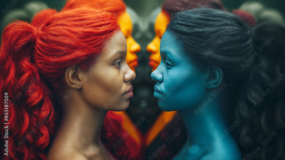 Multiple alien-like women facing each other with painted faces. Multiple alien-like women facing each other with painted faces.