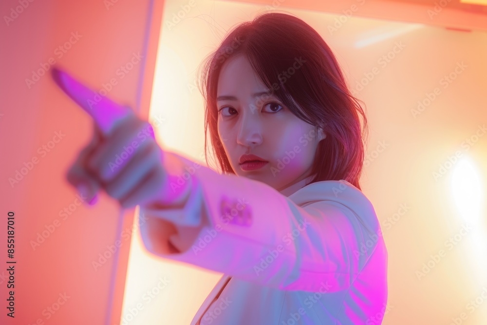 A woman holding a remote control in a room A woman holding a remote control in a room