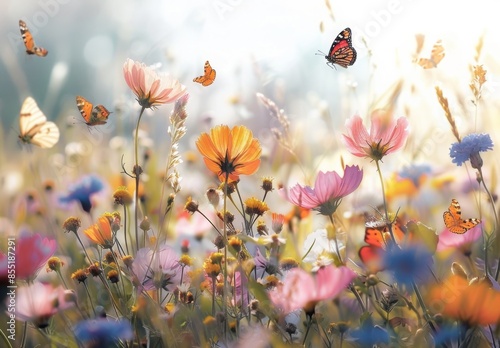 A peaceful meadow filled with colorful blooming flowers and butterflies fluttering around © Lucianastudio