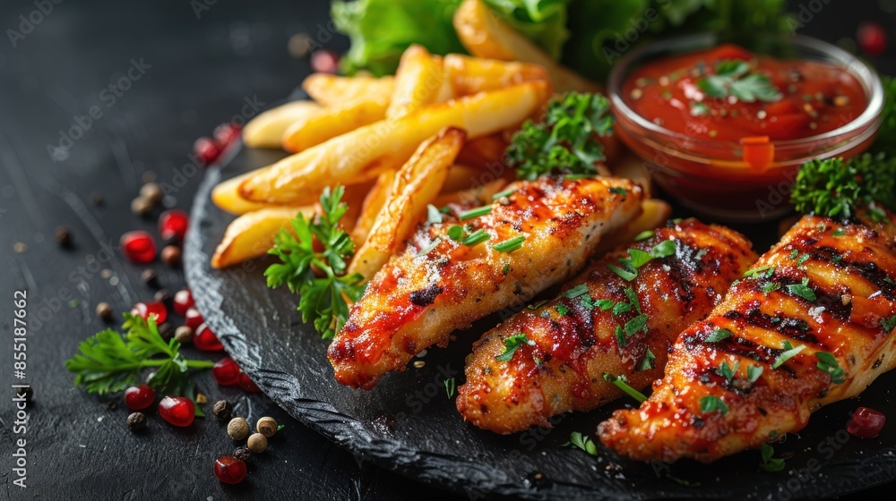 Grilled Chicken Tenders with Fries and Ketchup Grilled Chicken Tenders with Fries and Ketchup