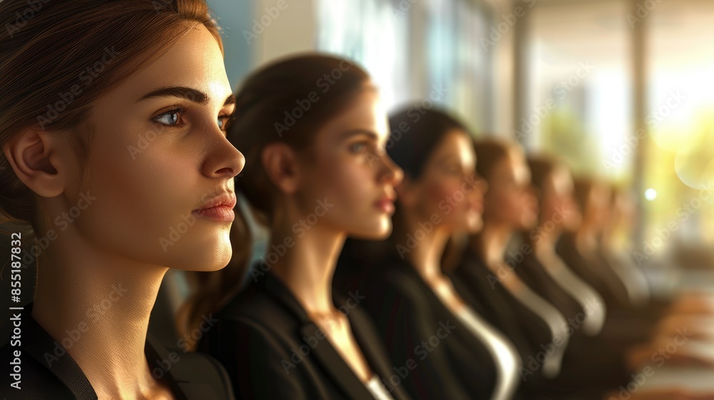 A Line Of Businesswomen In A Modern Office, Listening To A Presentation By A Colleague, Engaged And Attentive A Line Of Businesswomen In A Modern Office, Listening To A Presentation By A Colleague, Engaged And Attentive