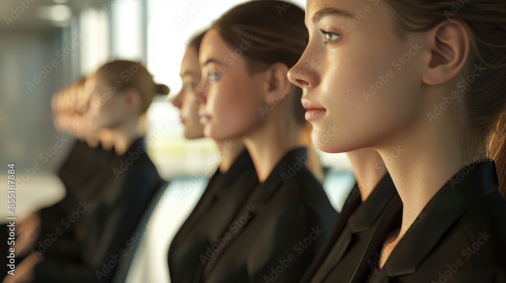 A Line Of Businesswomen In A Modern Office, Listening To A Presentation By A Colleague, Engaged And Attentive A Line Of Businesswomen In A Modern Office, Listening To A Presentation By A Colleague, Engaged And Attentive
