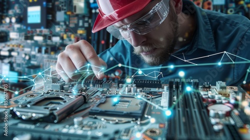Electronics engineer works on a new computer motherboard.