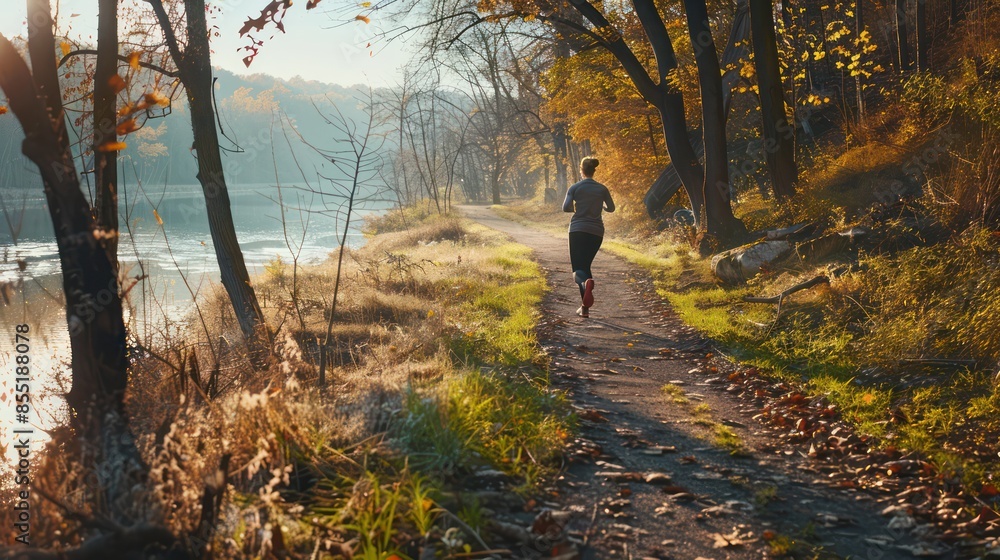 Young, adult man running in forest on natural trail in sunny summer day. Daily active lifestyle. Back view. Young, adult man running in forest on natural trail in sunny summer day. Daily active lifestyle. Back view.