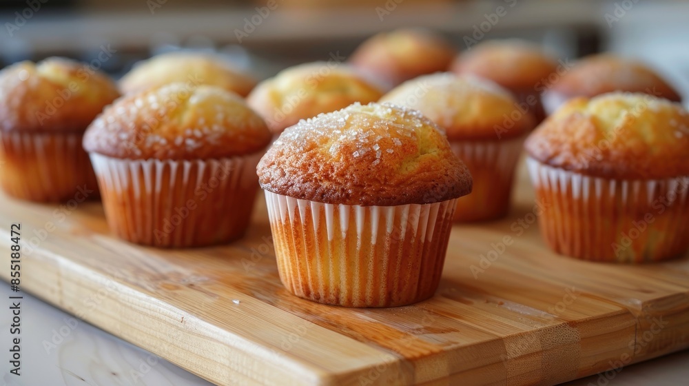 Vanilla muffins for breakfast displayed in white paper cups on a wooden cutting board Vanilla muffins for breakfast displayed in white paper cups on a wooden cutting board