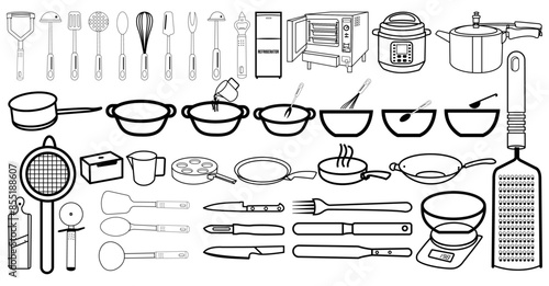 Thin black Line art Icons Set of kitchen and Dining utensils, pans & pots. Kitchenware for cooking, 
frying  equipments . Linear style Editable Stroke.