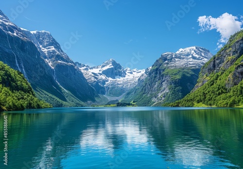 A serene lake surrounded by towering snow-capped mountains under a clear blue sky