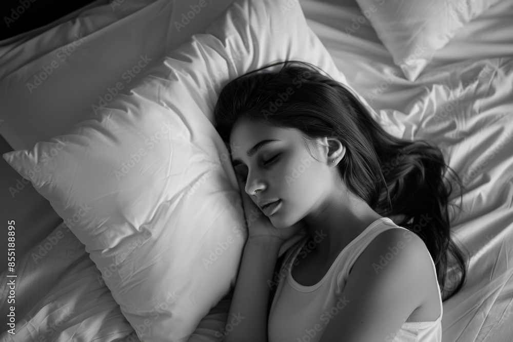 A woman is resting on a bed with her eyes shut A woman is resting on a bed with her eyes shut