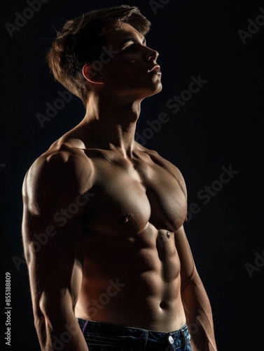 A person posing without a shirt, possibly for a photo shoot or artistic expression