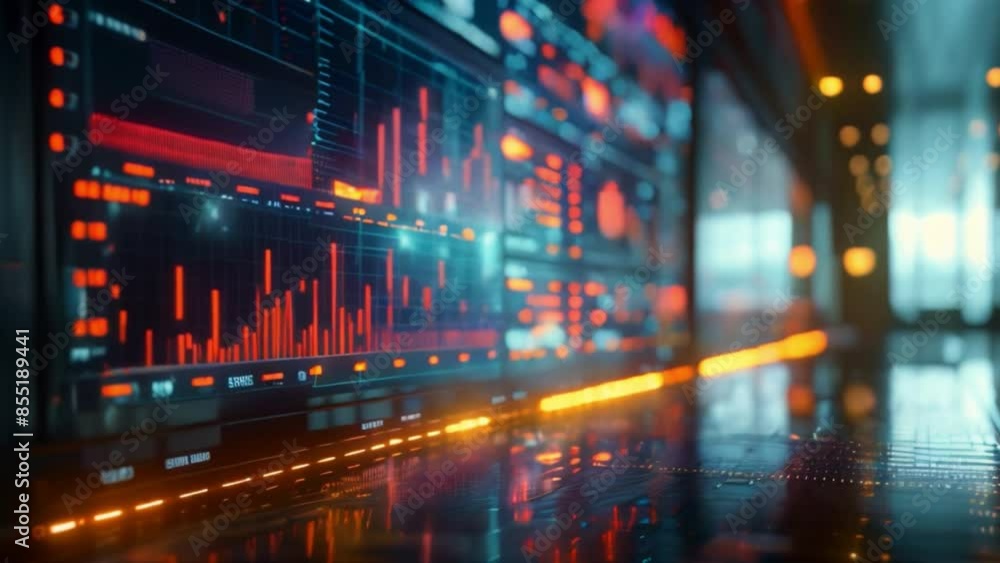 A close-up shot of digital screens displaying data visualizations, set in a futuristic setting. The screens are glowing with a vibrant blue and orange hue. A close-up shot of digital screens displaying data visualizations, set in a futuristic setting. The screens are glowing with a vibrant blue and orange hue.