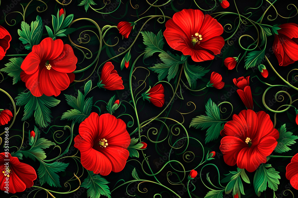 A black and red floral pattern with red flowers, the flowers are arranged in a way that they look like they are growing out of the black background A black and red floral pattern with red flowers, the flowers are arranged in a way that they look like they are growing out of the black background