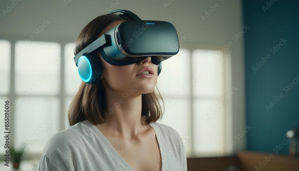 A woman experiencing virtual reality at home A woman experiencing virtual reality at home