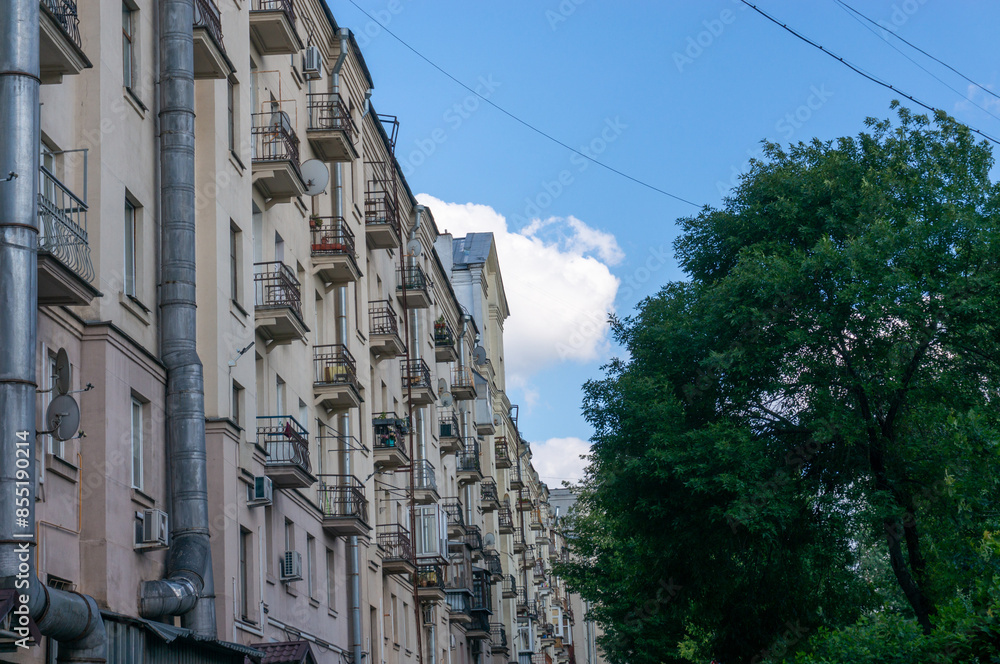 Balconies of apartment blocks. Soviet architecture flats with windows and balconies in the centre of Minsk Balconies of apartment blocks. Soviet architecture flats with windows and balconies in the centre of Minsk