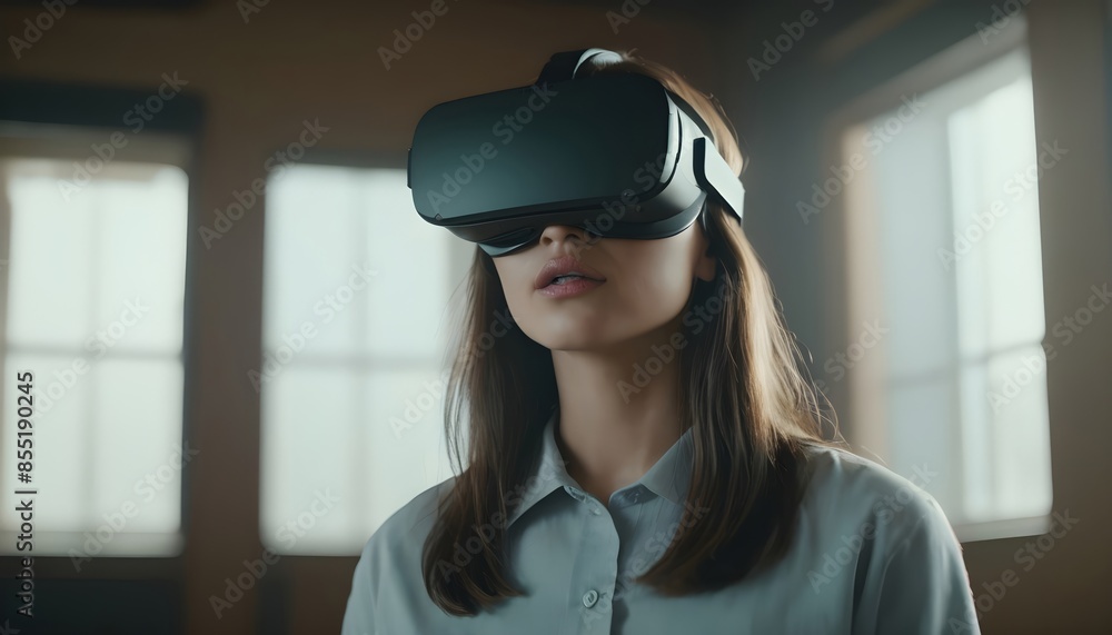 A woman experiencing virtual reality at home A woman experiencing virtual reality at home
