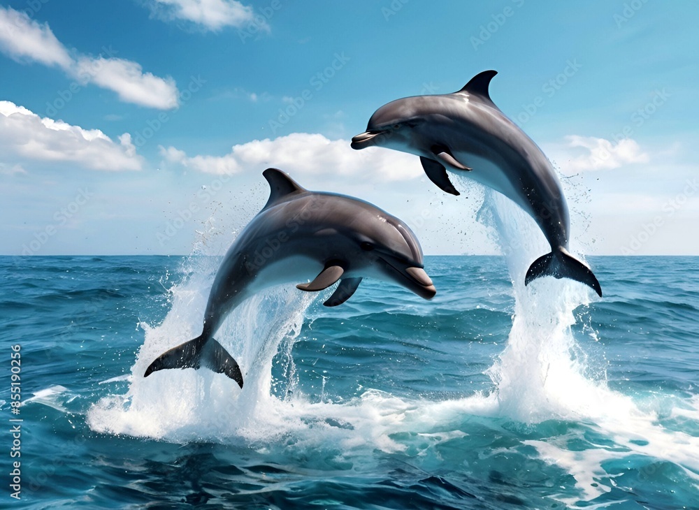 Fototapeta premium Two energetic dolphins jumping through the ocean waves