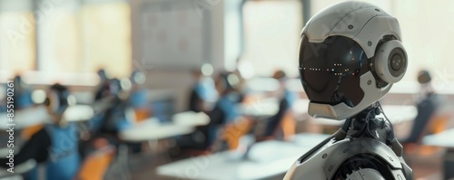 AI robot teacher teaching to cyborg ai students in the classroom, school concept banner. Generative AI. © annamaria