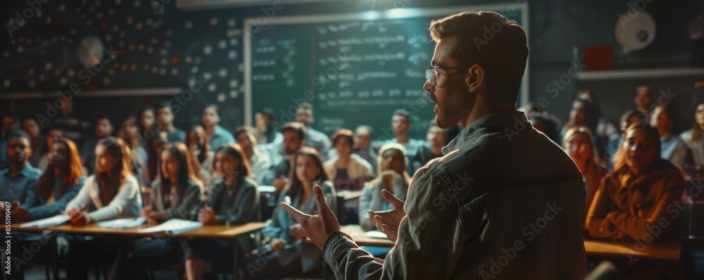 European men teacher portrait in clasroom, school concept banner. Generative AI. European men teacher portrait in clasroom, school concept banner. Generative AI.