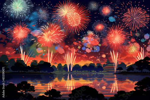 Vector fireworks Japanese summer festival Illustration.