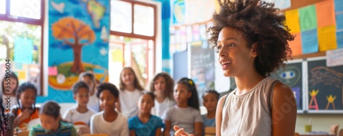 Afro women teacher portrait in clasroom, school concept banner. Generative AI.