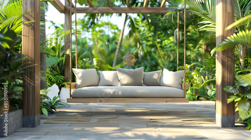 Sofa swing in a tropical garden, a modern wooden terrace with a hanging couch for relaxation on a sunny summer day