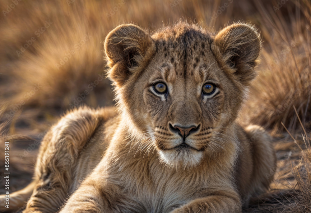 Fototapeta premium Lion cub sits eyeing camera with backlighting