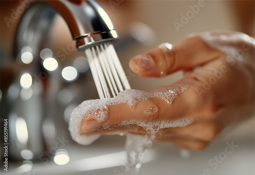 A close-up of human hands being washed under a running tap with soap suds