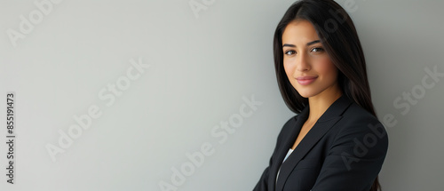 A businesswoman in a business suit on a plain background