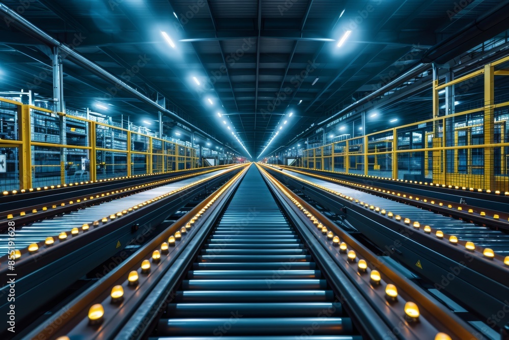 Industrial conveyor belts in a modern factory illuminated by blue lights. Industrial photography. Manufacturing and technology concept Industrial conveyor belts in a modern factory illuminated by blue lights. Industrial photography. Manufacturing and technology concept